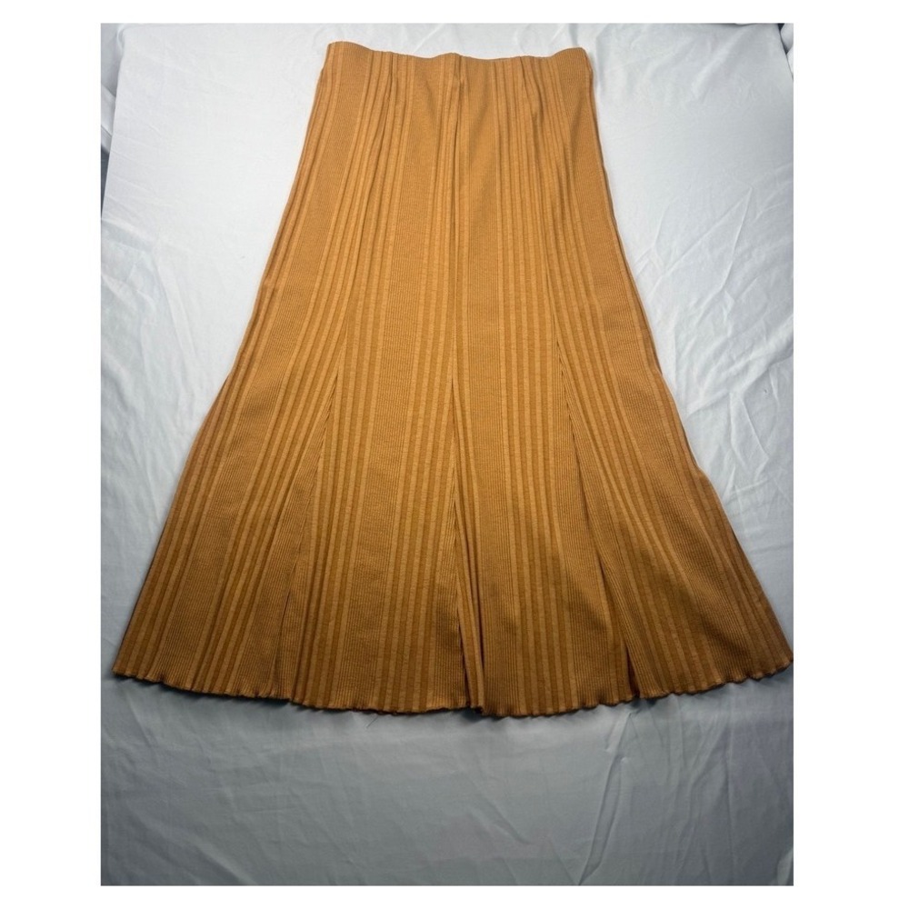 Zara Women Ribbed Knit Midi Skirt Camel Brown A-Line Stretch‎ Elastic Waist M